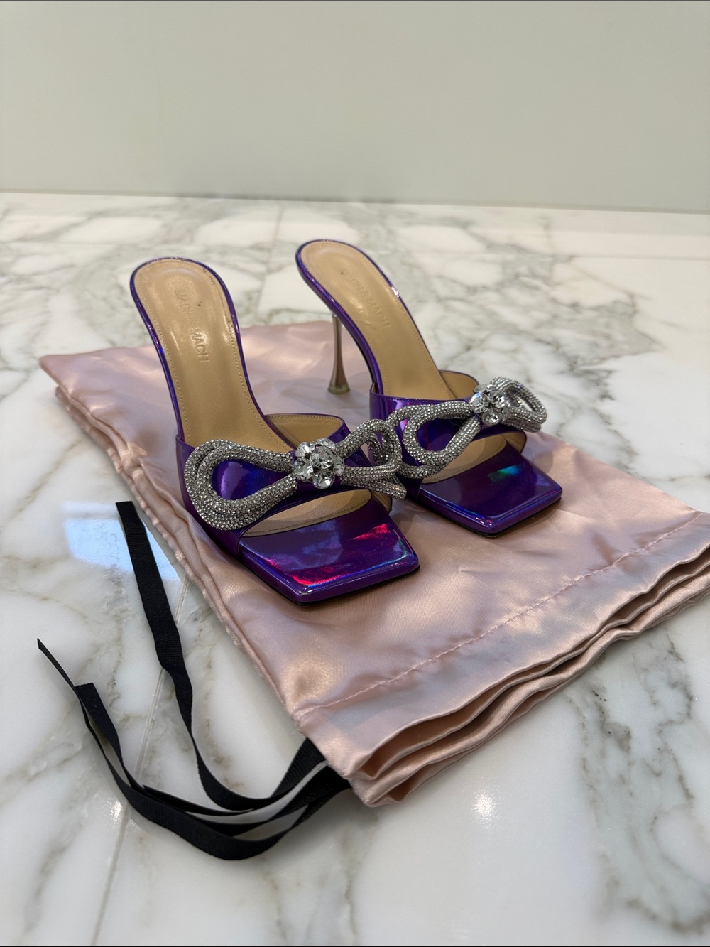 MACH & MACH Purple Rhinestone Bow Stiletto Mules